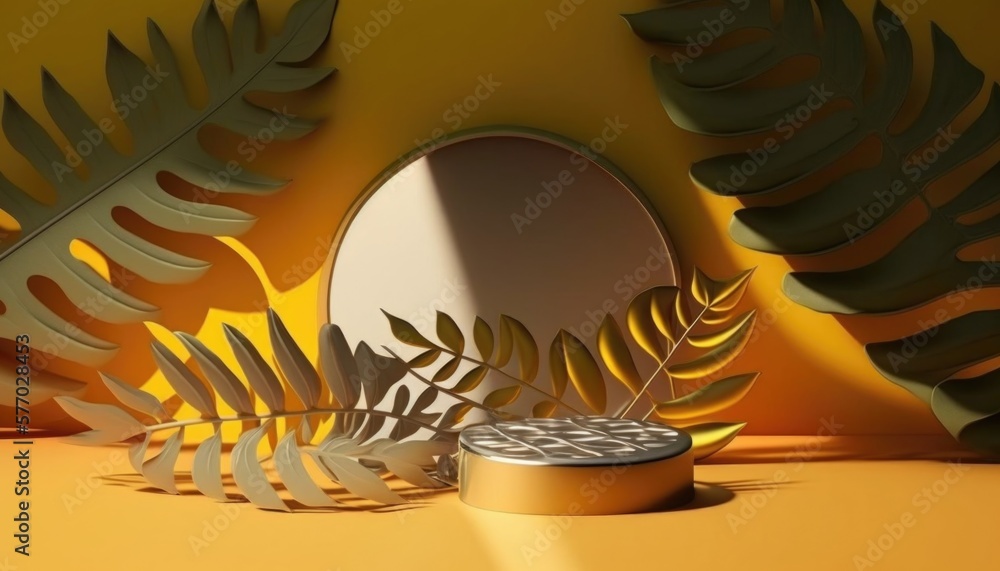 Poster a round object with a leaf on it and a mirror in the background with a shadow of a fern octane rende