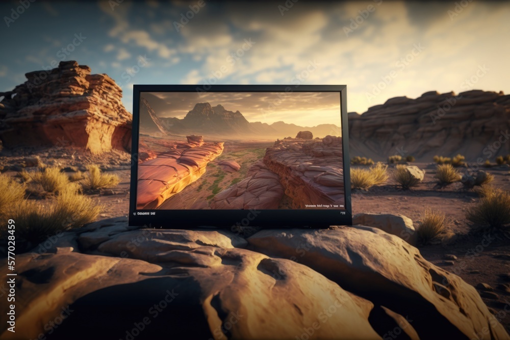 Poster a laptop computer sitting on top of a rock covered field with a desert landscape in the background 8