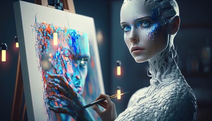 AI robot creating creative art, deep learning, NLP, diffusion, computer generated illustrations created with generative ai technology