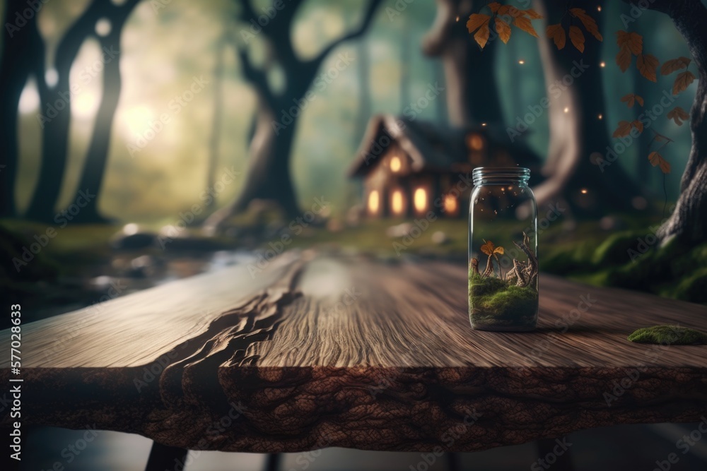 Poster a jar with moss on a table in a forest with a house in the background rendered in unreal 5 a detaile