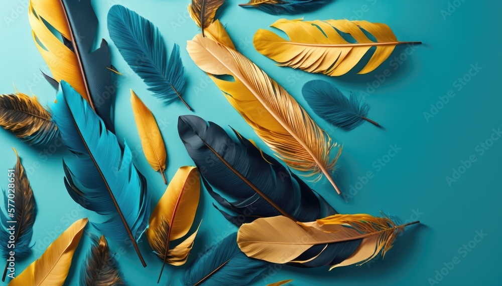 Poster a group of feathers on a blue background with a shadow of them on the bottom highly detailed digital