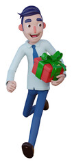 male worker smiling while running with present - 3d illustration of men character