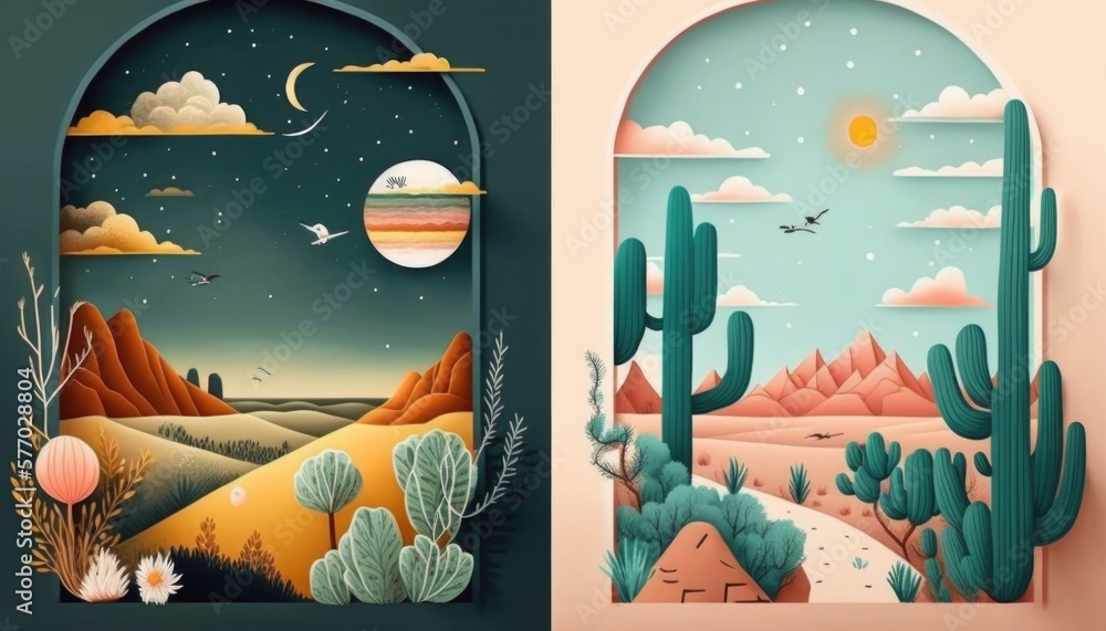 Aufkleber two different illustrations of desert scenes with cactus trees and mountains in the background one o