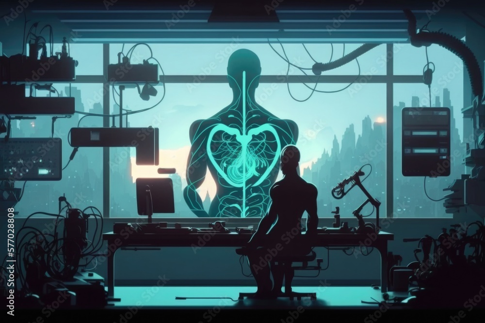 Poster a man standing in front of a computer screen in a room filled with electronics and a giant human fig