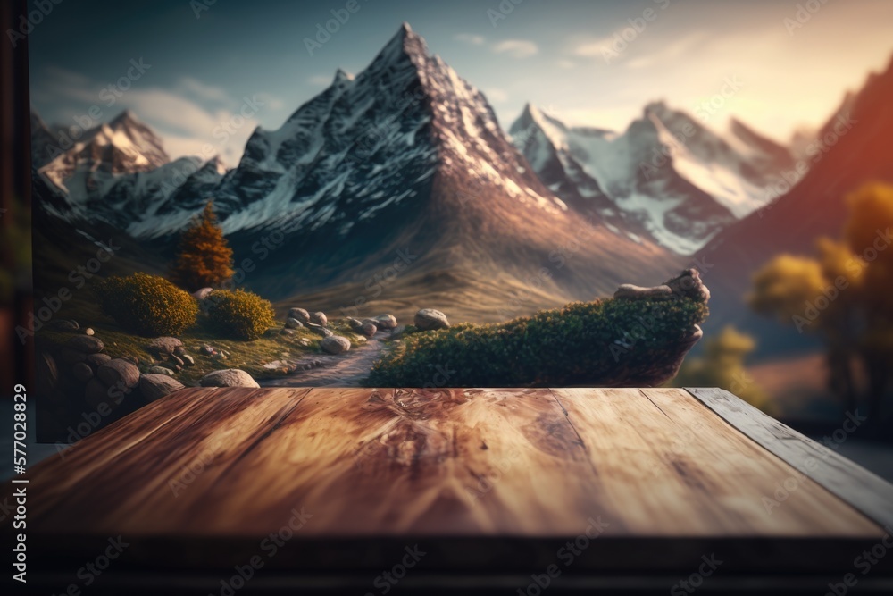 Poster a wooden table with a mountain scene in the background with a mountain scene in the background rende