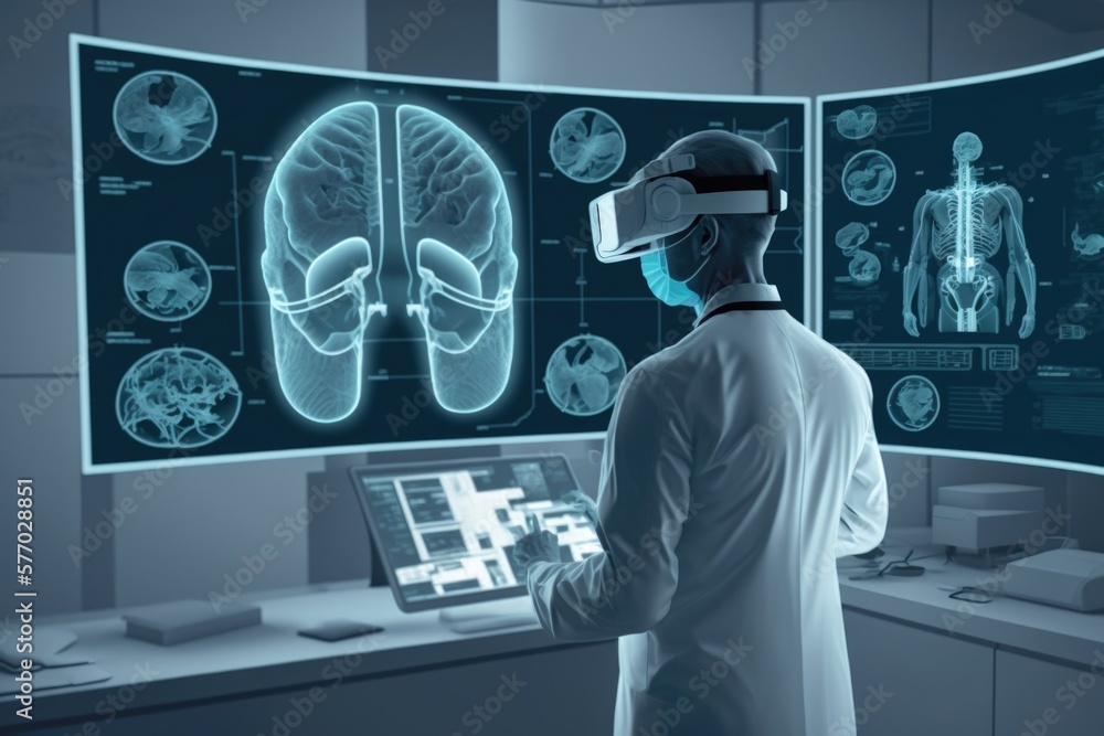 Poster a man in a white lab coat looking at a computer screen with a virtual interface biopunk a hologram f