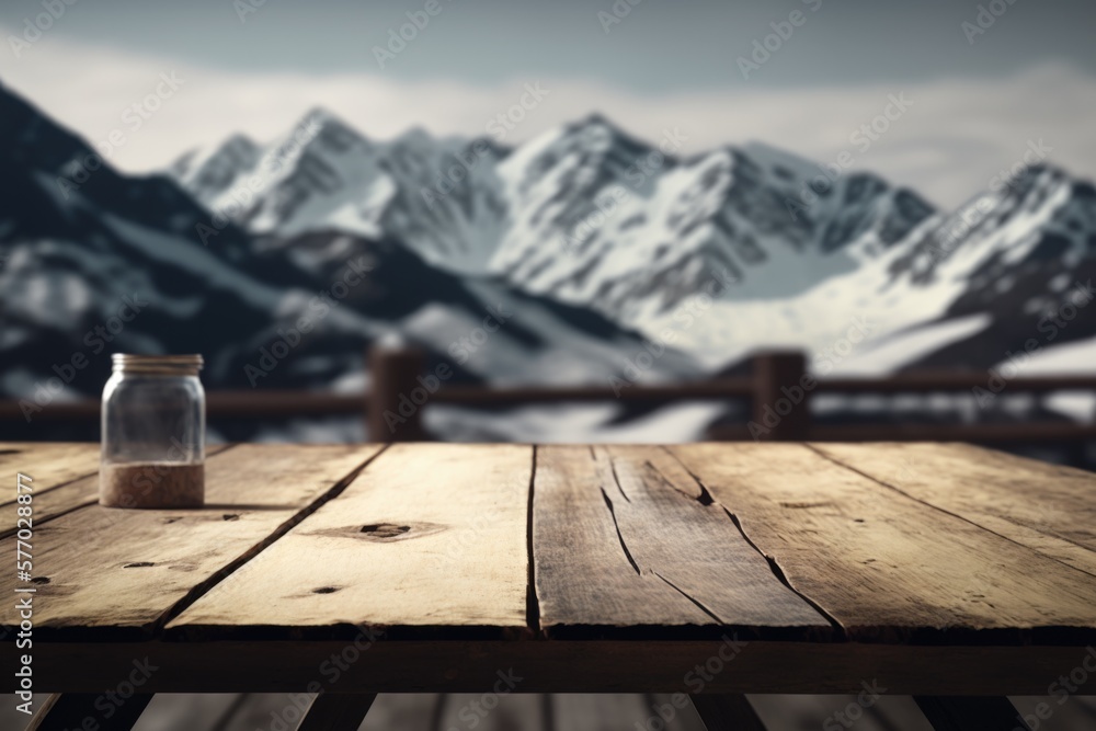 Poster a wooden table with a jar on top of it in front of a mountain range 8 k render a 3d render photoreal