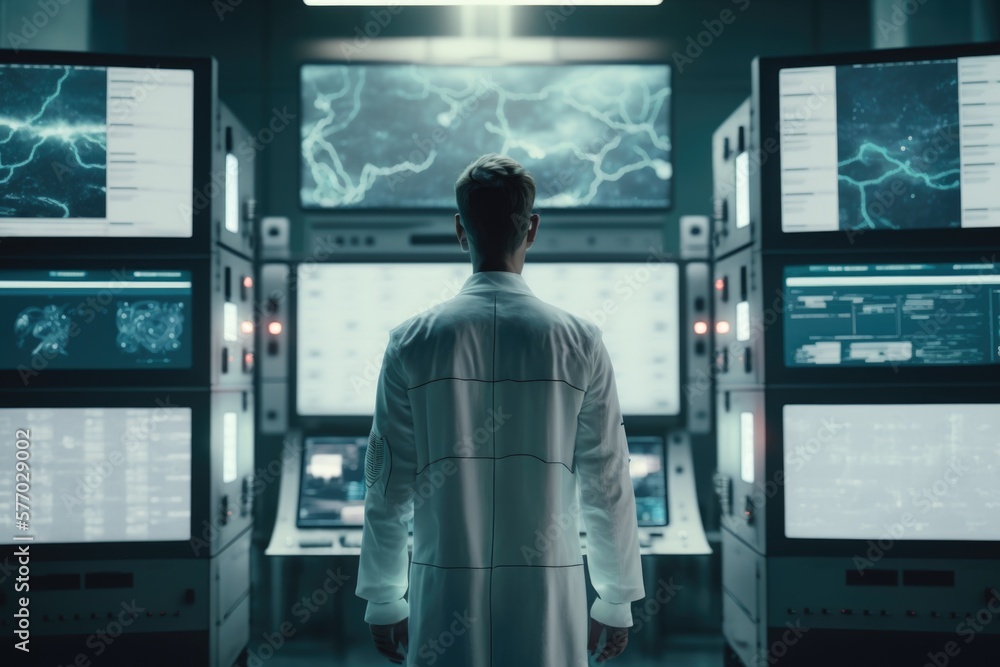Poster a man in a white lab coat standing in front of a bunch of monitors in a room biopunk computer graphi