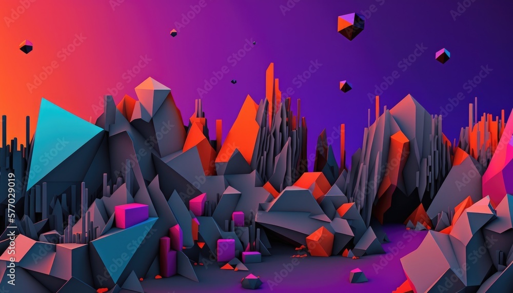 Poster a colorful landscape with rocks and mountains in the background and a sky with a few birds flying ov