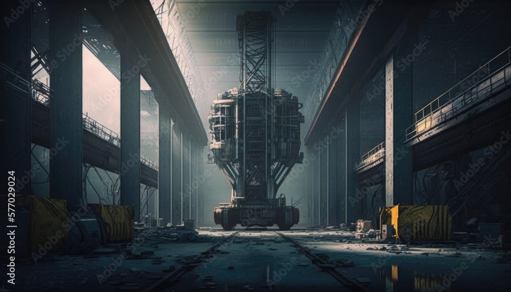 Poster a large machine in a large industrial building with a lot of windows and a lot of debris octane rend
