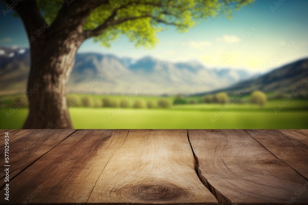 Poster a wooden table with a scenic background of a tree and mountains in the background with a blurry imag