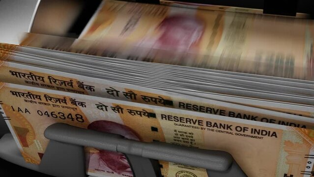 200 Indian rupees banknotes in cash machine. Indian cash counting video.