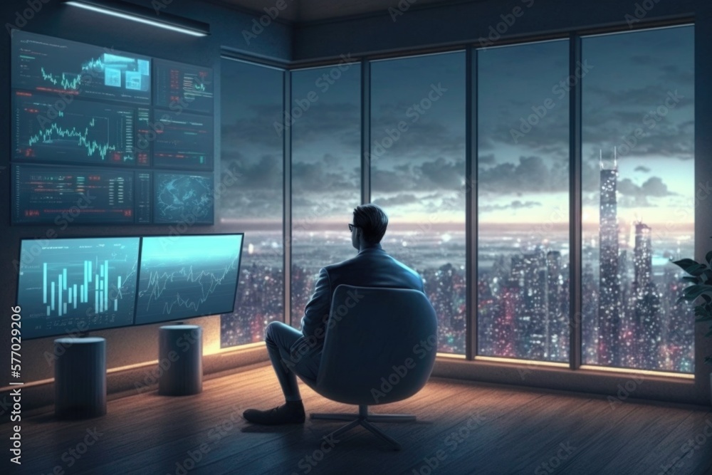 Aufkleber a man sitting in a chair in front of a computer monitor with a city view cyberpunk style a computer 