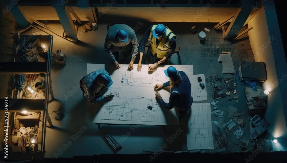 Poster three men in hard hats are working on a project together at a table with a blueprint blueprint a jig