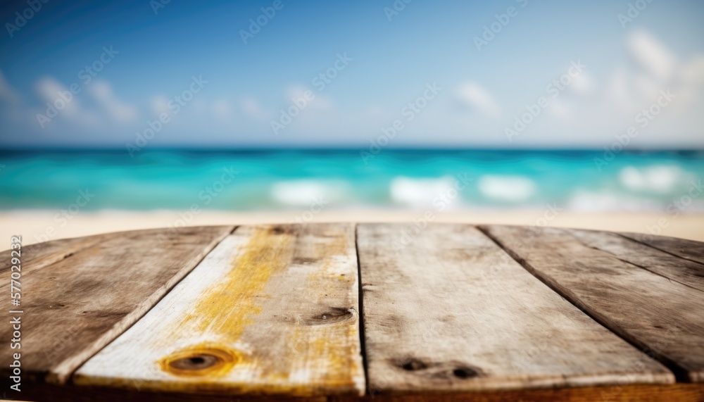 Poster a wooden table with a view of the ocean in the background with a blurry image of the beach summer a 