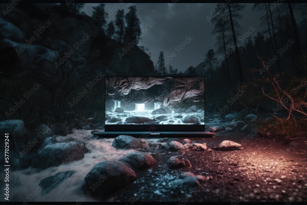 Poster a laptop computer sitting on top of a rocky river in the woods at night time unreal 5 computer graph