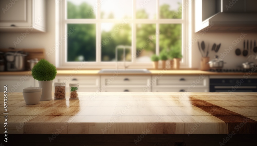 Poster a kitchen with a wooden table and a window with a view of the outside of the house rendered in unrea