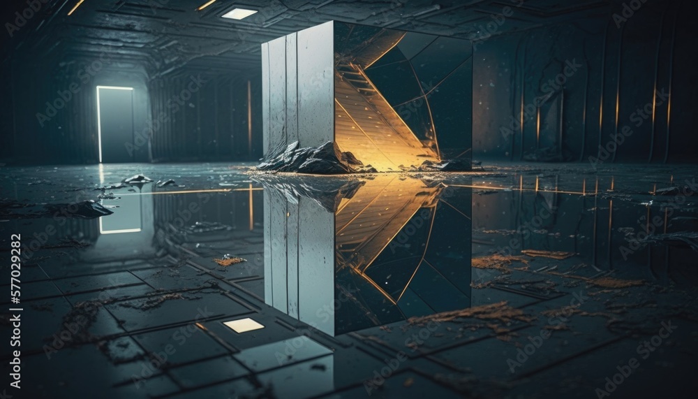 Poster A room with a mirror and a light in it that is reflecting off of the floor redshift render a 3d render abstract illusionism