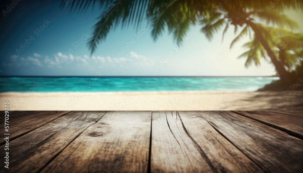 Poster a wooden table with a view of the ocean and a beach in the background with a palm tree beach a stock