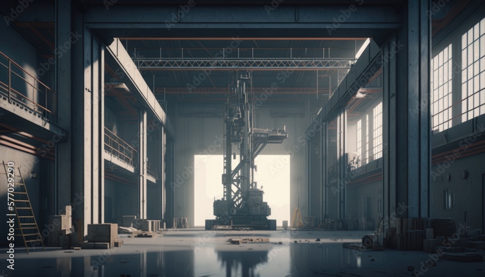 Poster a large industrial building with a large crane in the middle of it's floor octane renderer a 3d rend