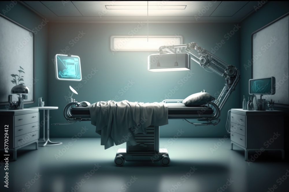 Poster a hospital room with a bed and a robot arm in the middle of it and a monitor on the wall cybernetics
