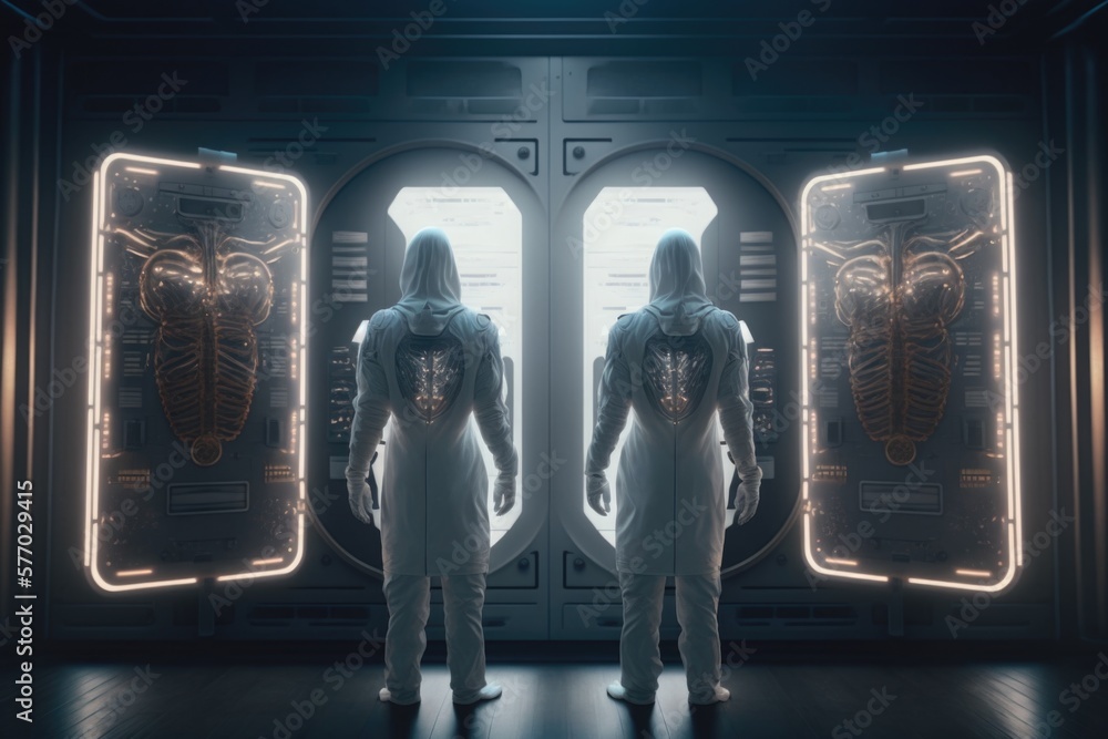 Poster a man standing in front of a doorway with a scorpion on it's chest biopunk computer graphics neoplas