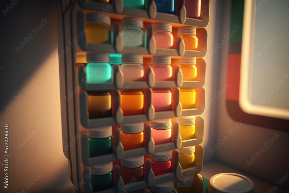Poster a shelf with a lot of different colored bottles on it next to a window with a light coming through v
