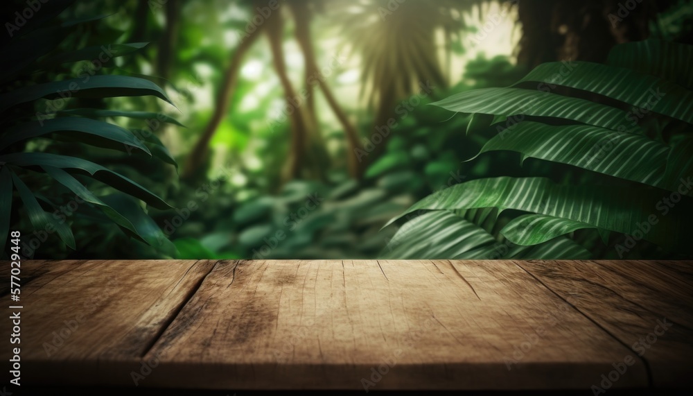 Poster a wooden table with a blurry background of a jungle scene with a wooden table top forest background 