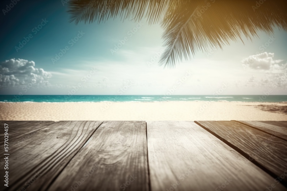 Poster a wooden table with a view of the beach and ocean in the background with a palm tree beach a tilt sh