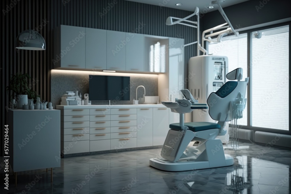 Poster a dentist chair in a room with a tv and a window in the background with a television on unreal 5 hig