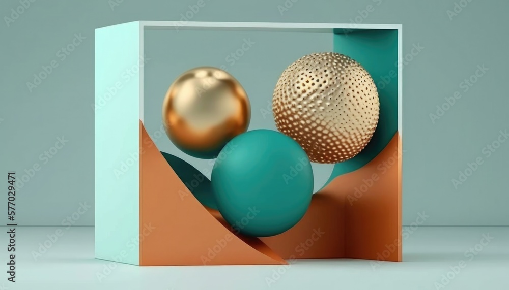 Poster a box with two balls inside of it on a table top with a gray background cinema 4 d a 3d render geome