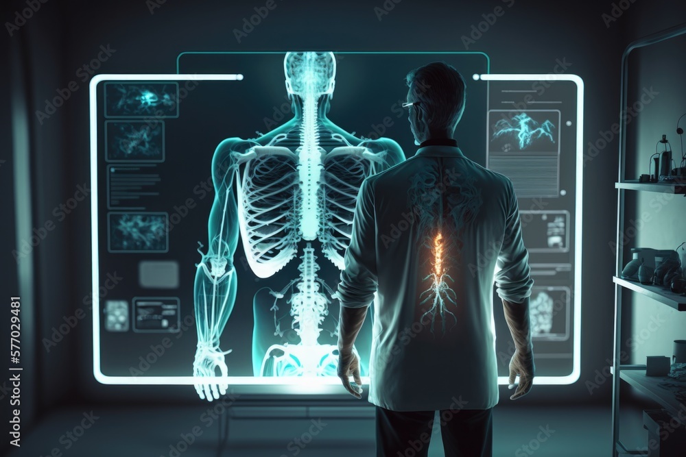 Poster A man standing in front of a computer screen with a skeleton in the background and a glowing light in the middle cybernetics computer graphics neoplasticism