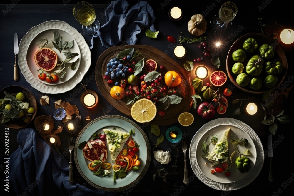Poster a table with plates of food and candles on it with candles lit up in the background professional foo