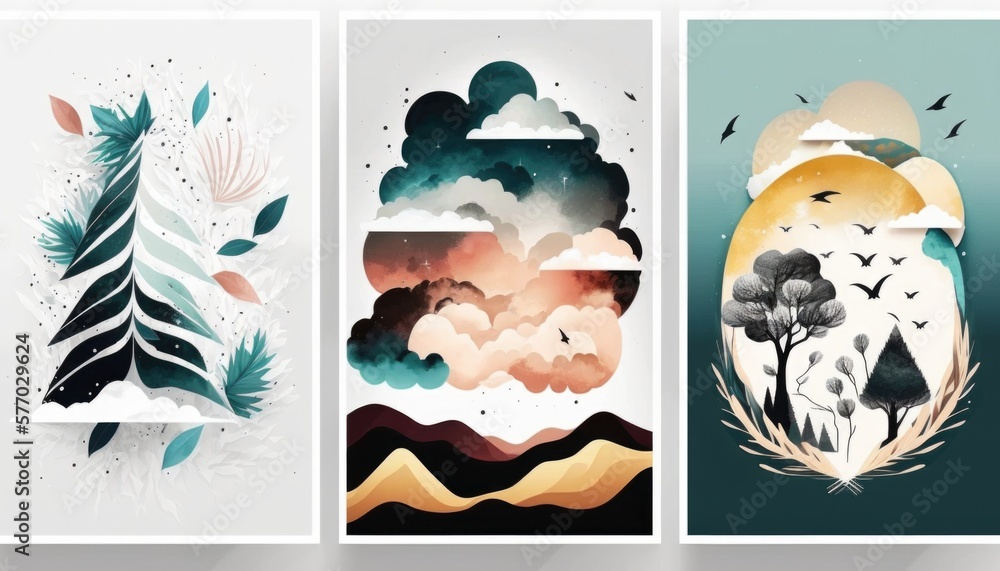 Poster three different banners with trees and clouds on them one of which is a mountain colorful flat surre