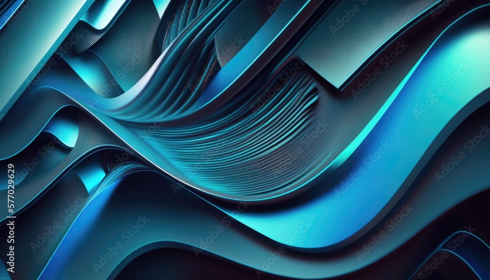 Poster a blue abstract background with wavy lines and curves of varying shapes and sizes with a black backg
