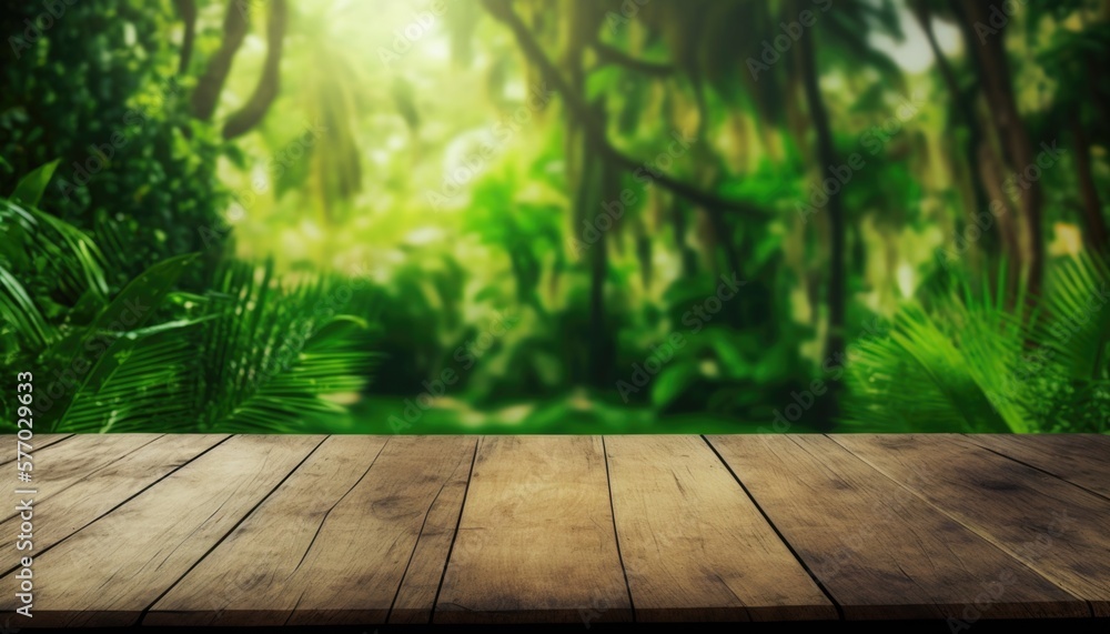Poster a wooden table with a view of a jungle scene in the background with a wooden floor forest background