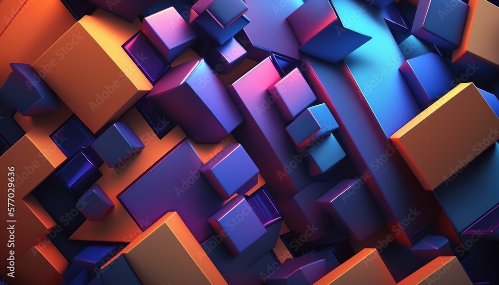 Poster a very colorful abstract background with cubes and lines in it's center and a blue and orange backgr