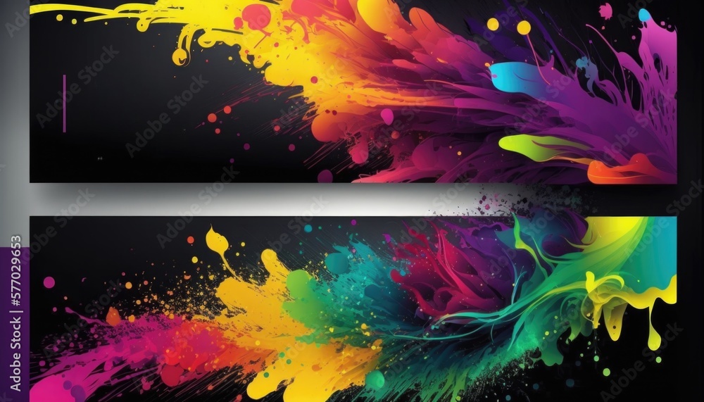 Poster two banners with colorful paint splashing on them one is black and the other is white vivid colors c