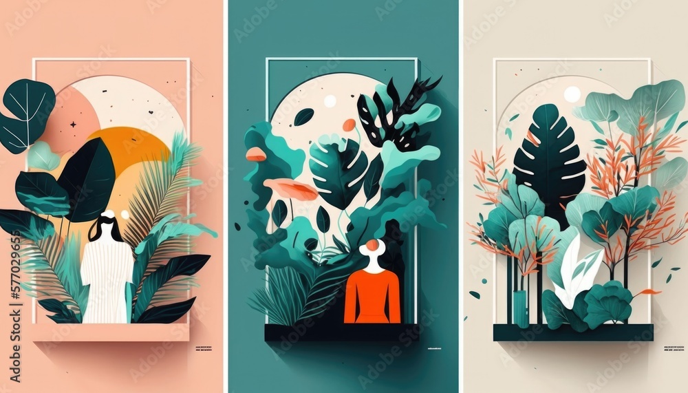 Poster three different images of plants and a person in a mirror with a light on them colorful flat surreal