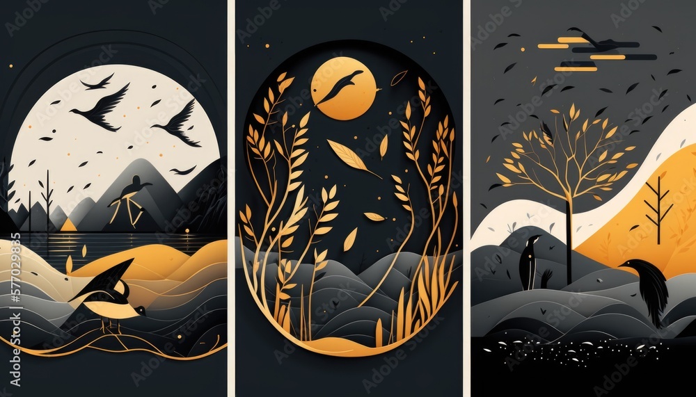 Poster three different illustrations of a landscape with birds and trees in the background and a full moon 