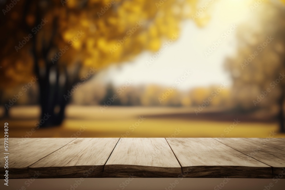 Poster a wooden table with a blurry background of trees and grass in the background rendered in unreal 5 a 