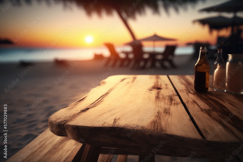 Poster a wooden table with two bottles of beer on it and a beach in the background unreal 5 render a 3d ren