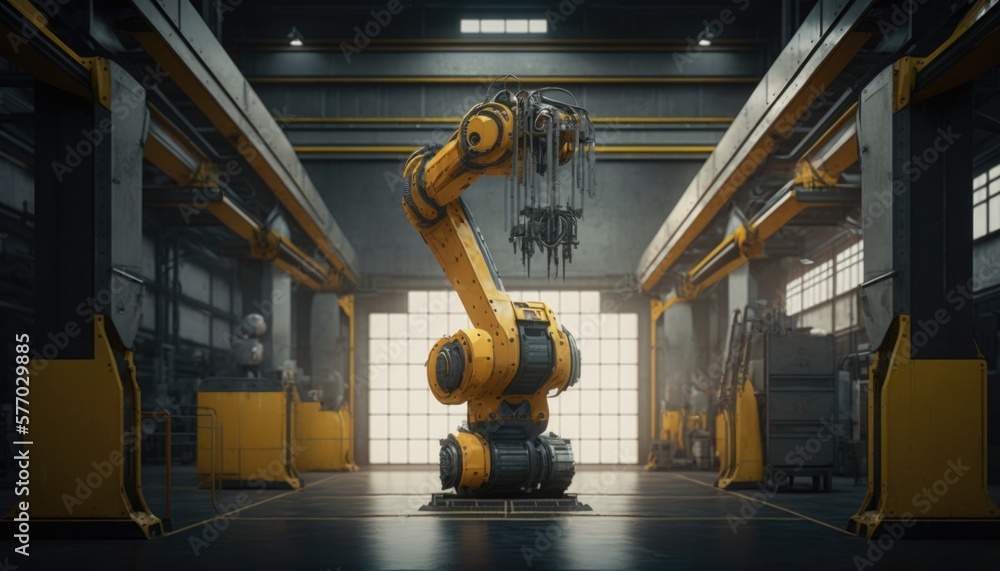 Poster a robot is standing in a large warehouse with yellow walls and windows and a large window redshift r