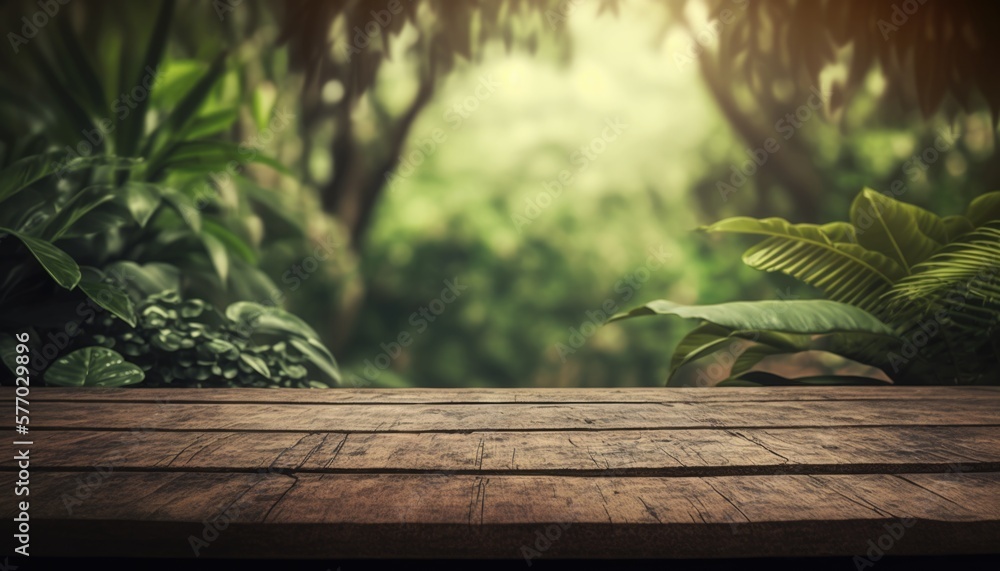 Poster a wooden table with a view of a tropical forest in the background with a blurred background forest b