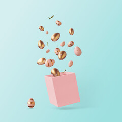 Golden and pink Easter eggs in motion, flying out of the box, against blue background. Minimal creative Easter layout, greeting card or banner