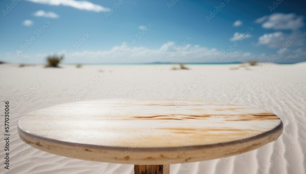 Poster a surfboard sitting on top of a wooden table on a beach near the ocean unreal 5 render a tilt shift 