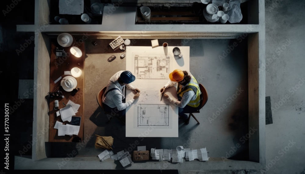 Poster two men are working on a project in a room with a lot of papers and a lamp vfx a stock photo hardwor