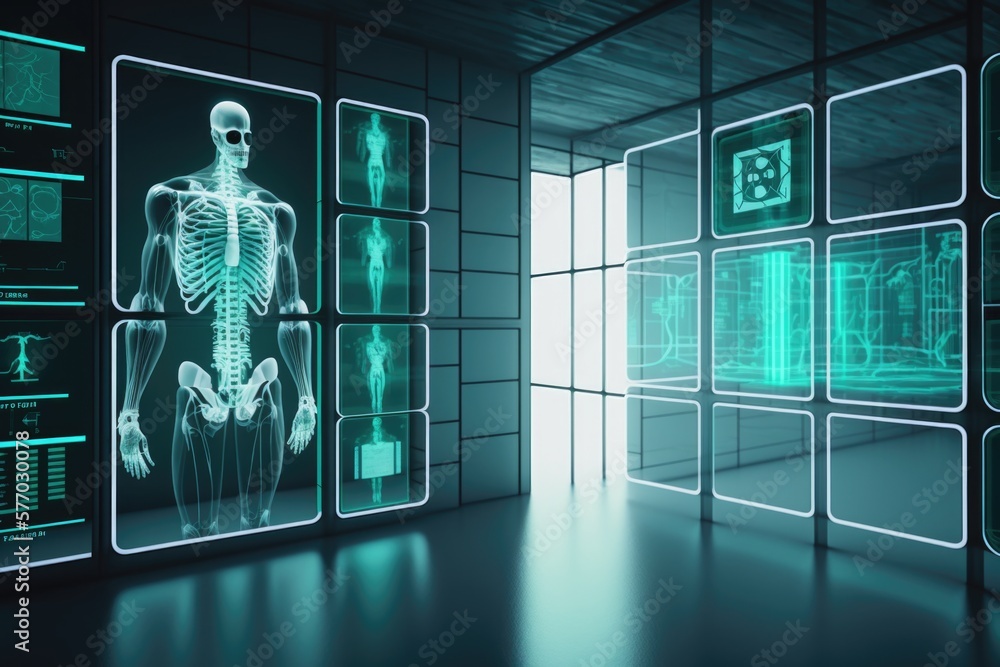 Poster a futuristic room with a skeleton and a lot of screens on the wall and a door cybernetics computer g