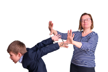 Tired mom of naughty boy schoolboy sleeping at school desk, isolated on a white background