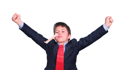 A boy in a school suit raised his hands in a victorious gesture during distance learning, isolated on a white background